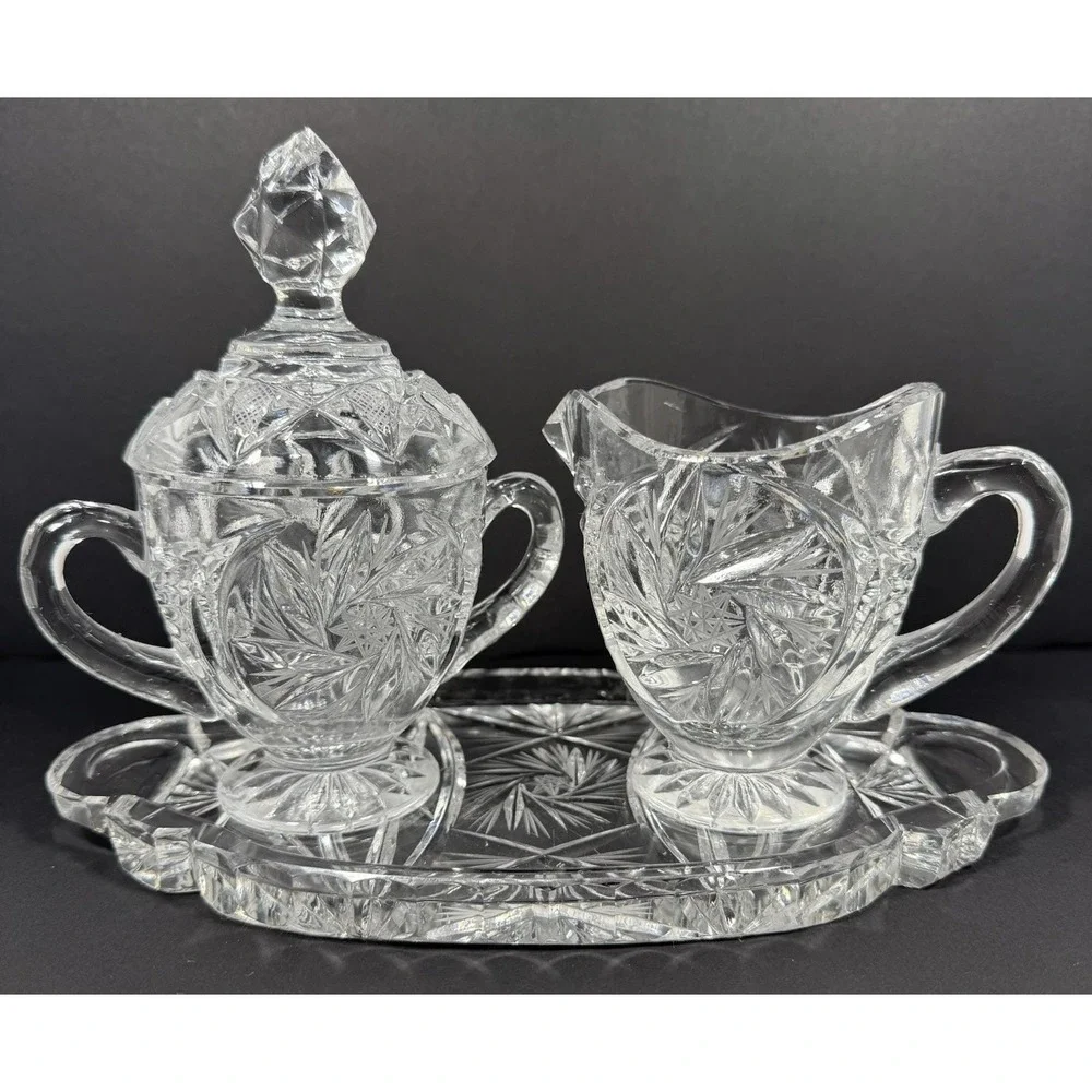 Ofnah Poland 24% Lead Crystal Creamer Sugar Bowl w/ Lid & Tray Pinwheel‎ Star Of